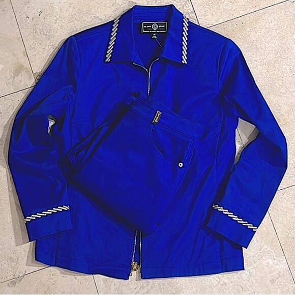 ST. JOHN SPORT Jacket Blazer Blue Gold Embroidered SUIT (Sweater Sold Separate) - Picture 1 of 7